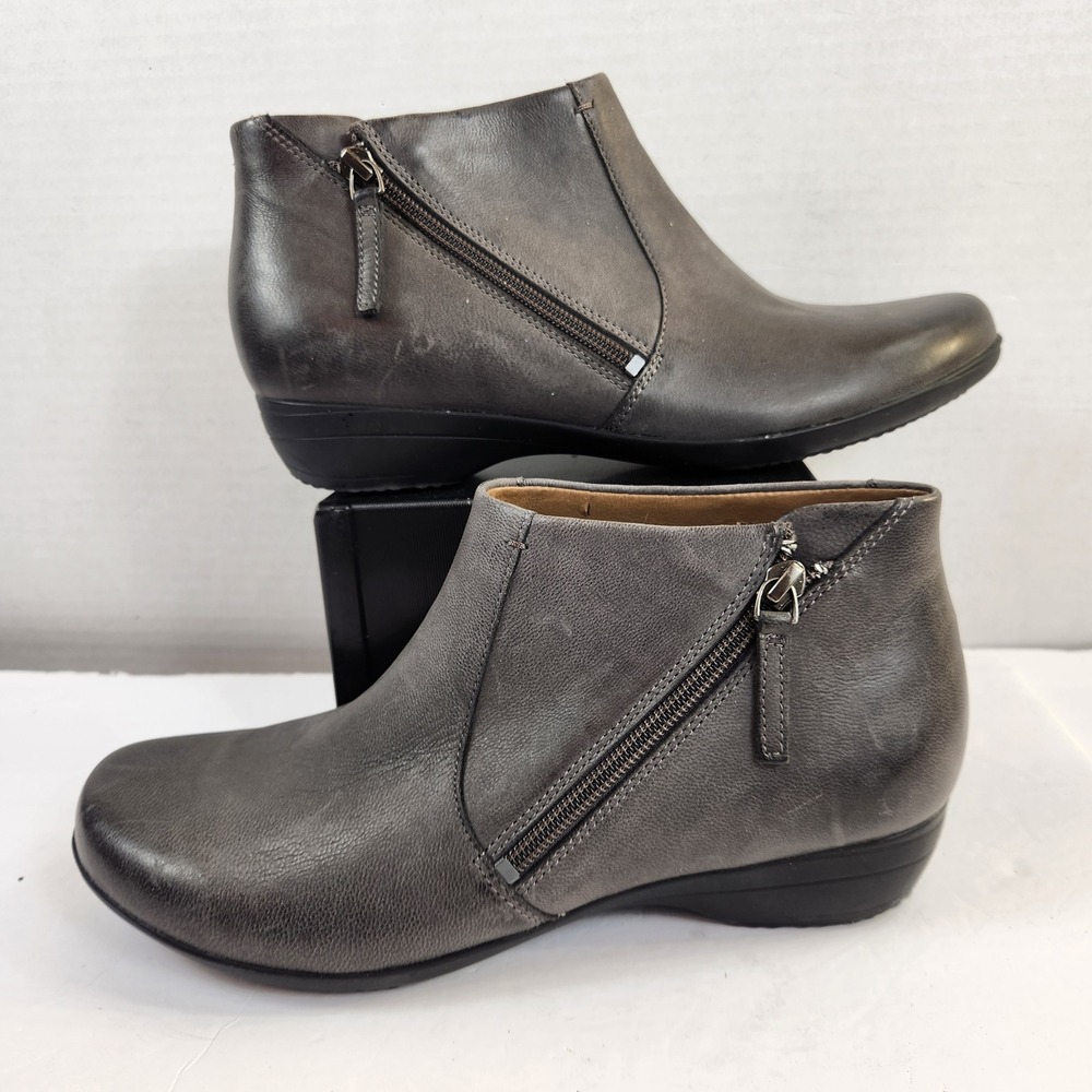 Dansko Fawna Grey Burnished Leather Side Zip Ankle Boots Womens Size 39 US 8.5/9